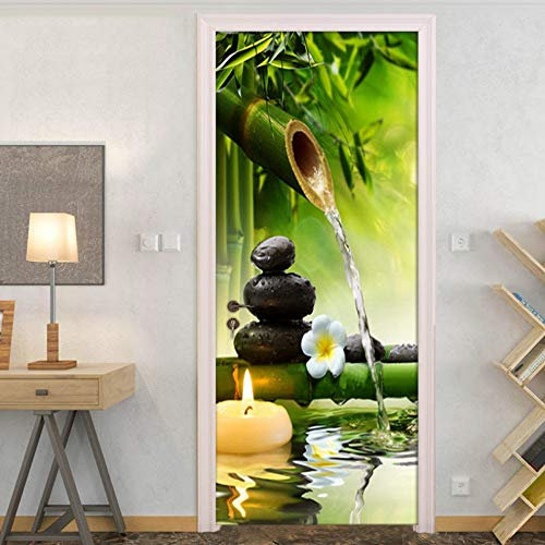 3D Sticker de Porte Zen Photo Mural Trompe l'oeil Effect Stickers Muraux PVC Imperméable Papier Peint pour Chambre Salle de Bain Cuisine Décoration Porte Murale 77x200cm