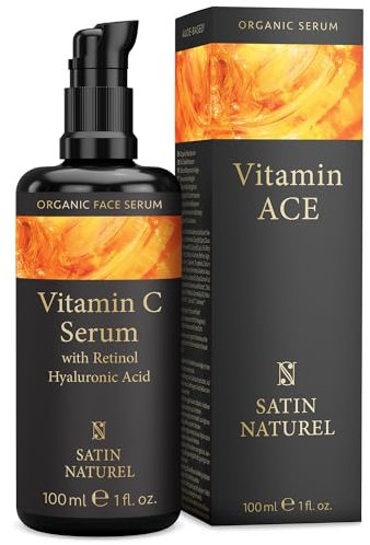Satin Naturel Vitamin C Serum hochdosiert 100ml mit Retinol + Hyaluron - Für Glow, gegen dunkle Flecken, Anti Falten - Allrounder Serum Gesicht - Für jede Haut geeignet - 100% Vegan Skincare