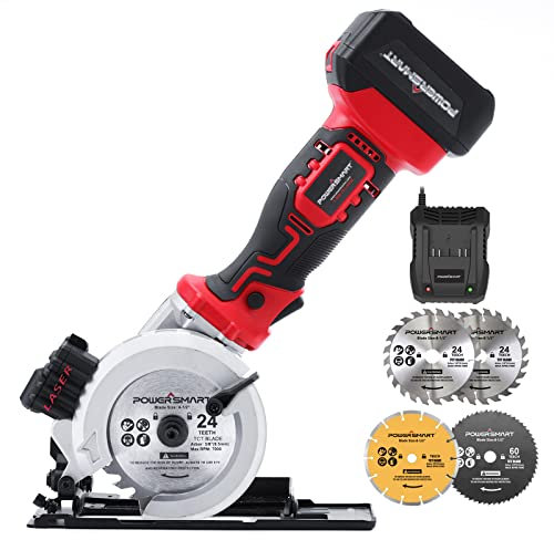 PowerSmart 20V Cordless Mini Circular Saws with 4.0Ah Battery, 4-1/2 inch, 4500 RPM, Laser Guide, 4 Saw Blades and Fast Charger, PS76138A