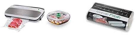 Macom Forever Fresh Vac6090 Macchina Sottovuoto Automatica Per Alimenti Con Portatagliarotolo E Barattolo & Forever Fresh 703 Confezione 2 Rotoli Goffrati Per La Conservazione Sottovuoto Alimenti