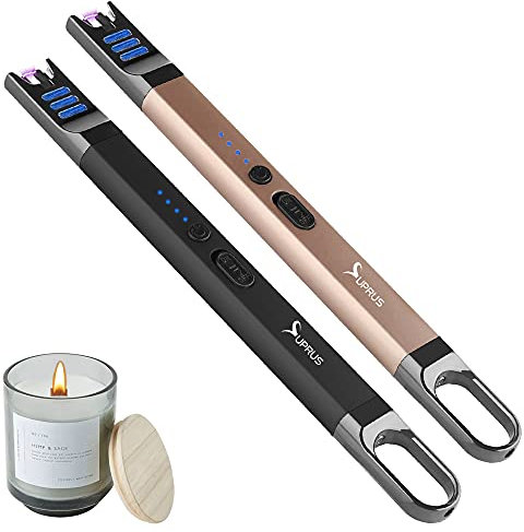 SUPRUS Accendino elettrico ad arco, antivento, senza fiamma, ricaricabile, tramite USB con luce LED per candela, campeggio, barbecue, cucina (nero+oro)