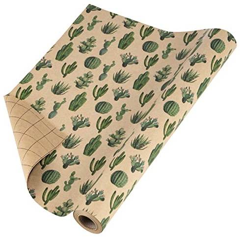 RUSPEPA Kraft omslagspapper rulle – kaktusdesign för alla tillfällen – 43 cm x 10 m