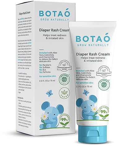 BOTAO Baby's Natural Diaper Cream | Organic Diaper Cream EWG Verified | Naturally Soothes Baby Rashes | Baby zinc Ointment Natural | For Sensitive Skin with Aloe Vera & Calendula, 2.5Oz