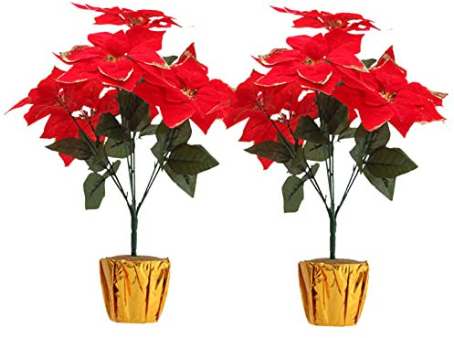 Kunovo 2 Stück künstliche Weihnachtssterne Topfpflanze, künstliche rote Weihnachtssterne Pflanze Weihnachtsdekoration mit goldenem Blumentopf, für Weihnachten Heimdekoration