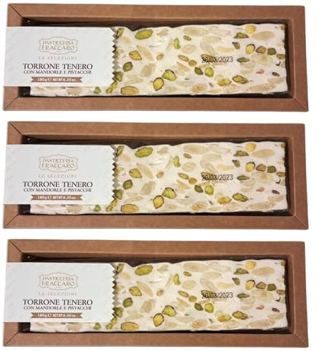Torrone Artigianale Tenero alle Mandorle e Pistacchi, Senza Glutine, 3 Torroni da 180 gr - Pasticceria Fraccaro 1932, Torrone Morbido Artigianale con Mandorle e Pistacchi Tostati - Dolce per Celiaci