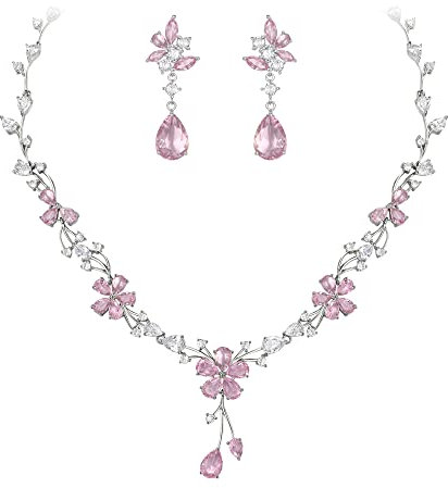 EVER FAITH Brautschmuck für die Braut weiße kubische Zirkonia Teardrop Cluster Blume Hochzeit Halskette Ohrringe Set für Damen Rosa Silber-Tone