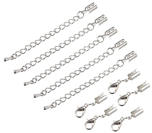 sourcing map 10Ensembles Rabattre Câble Terminaux avec Homard Griffe Agrafes & Extender Chaîne, 1.5mm Terminateurs Sertissage Capuchon Fermoir Pointes pour Artisanat Création, Argent Blanc