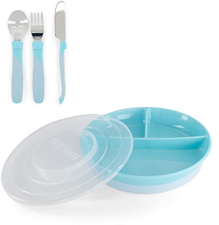 Twistshake Babygeschirr-Set | Geteilter Teller + Besteck 12m+ | BPA-frei | Ernährungstrainingsset für Kinder | Blau