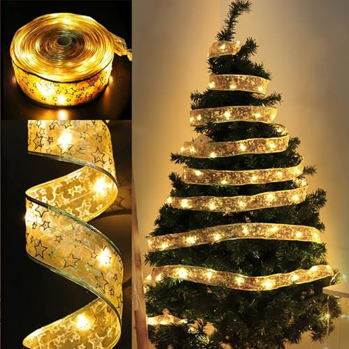 Guirlandes Lumineuses à Ruban Brillant, 5M Guirlandes Lumineuses 50 LEDs Lumière,Ruban Sapin Noël LED, Guirlande Decorative de Noël Nouvel An Mariage, Arc en Dentelle DIY à Piles Décor de Noël (B)