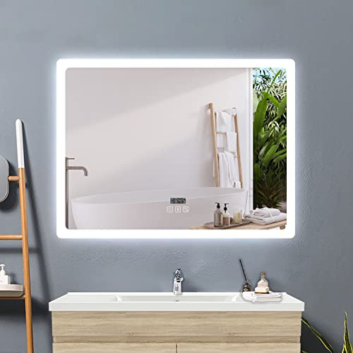 Acezanble Spiegel mit Beleuchtung 70x50cm,LED Badspiegel mit Bluetooth Uhr Beschlagfrei Touch,Badezimmerspiegel 3 Lichtfarbe Dimmbar mit Memory,Energiesparend Wandspiegel Lichtspiegel