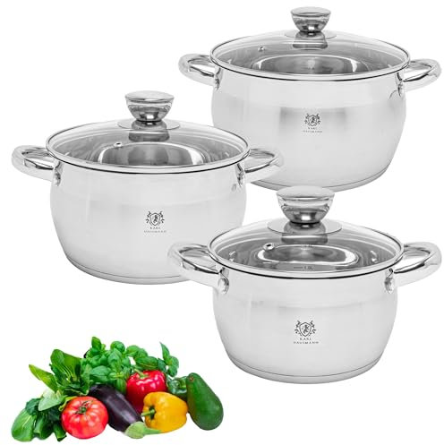 KARL HAUSMANN Topfset Induktion Edelstahl 3-Teilig - Kochtöpfe für Alle Herdarten - Kochtopf Set mit Glasdeckel - Töpfe mit Messskala - Topf Set - Kochtopfset - Topfsets - Pots - Induktionstöpfe