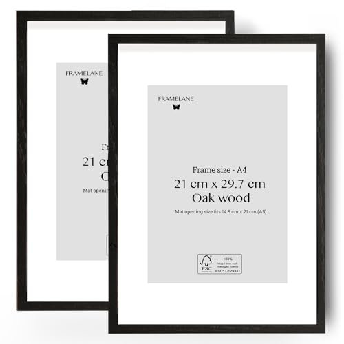 Framelane Set of 2 Marcos para Cuadros de Roble Negro A4 con Vidrio Acrílico Resistente a Arañazos y Roturas - Marco con Passepartout A5, Montaje o Soporte de Mesa, Madera FSC® Certificada
