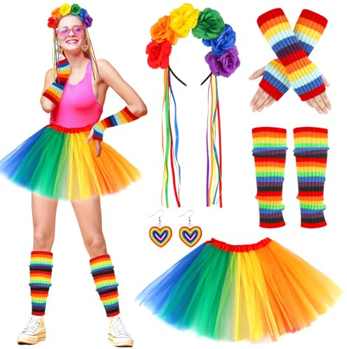 Hifot Arc-en-Ciel Jupe Tutu pour Femmes avec Fleur Serre Tête Boucles d'oreilles Gants Chaussettes Deguisement Fluo Gay Pride LGBT Costume Carnaval Halloween Fête Néon Soiree Fluo