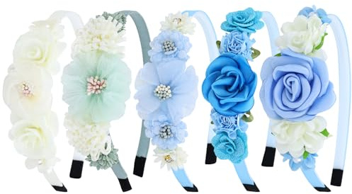 Dizila 5 Pieces Ivory Blue Plastic Flower Headbands Floral Hair Bands Hoops Accessories