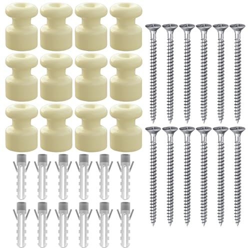 OASHISU 12 x Keramik Isolatoren für Textilkabel Porzellanisolatoren Beige | Aufputz Kabelhalter Kabelführung Retro Wandpins Isolator aus Porzellan Wand und Deckenpins, Ø18mm Keramik-Isolatoren Vintage