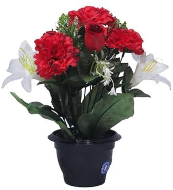 Artificielles.com - Pot fleurs artificielles pour le cimetière oeillets et lys Rouge-blanc - couleur: Rouge-blanc