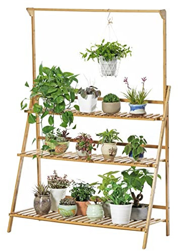 Bamboo Plant Display Rack 3 Tier Plant Shelf Foldable Flower Stand 56 Height Hanging Garden Planter for Home Patio Balcony Wood Color