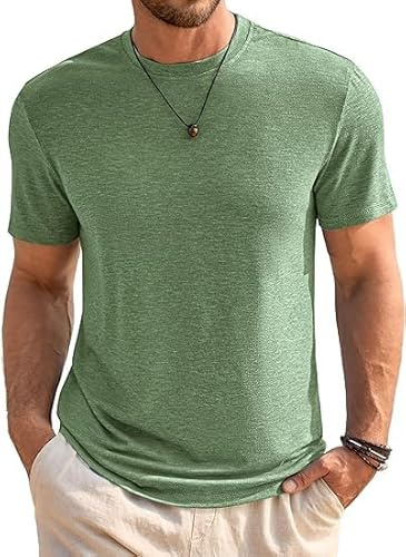 Runcati Herr T-shirt rund hals kortärmade sommartoppar regular fit sport fitness funktionell skjorta enfärgad basic undertröja affärströja, Armégrön, XXL