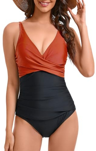 Viloree Enstaka badkläder för kvinnor V-ringad baddräkt för kvinnor med magkontroll monokini med volanger, Röd och svart, 3XL