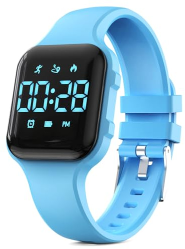 Montre numérique LED multifonction pour enfants avec podomètre, chronomètre, réveil, calories pour femmes, enfants, filles et garçons (bleu)