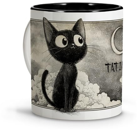 Tazze divertenti. Tazza personalizzata con nome. Tazze colazione. Tazza gatto in stile anime Jiji Cat. Tazzine caffe particolari. Idee regalo donna e uomo. Tazza in ceramica 330 ml. Tazza nera