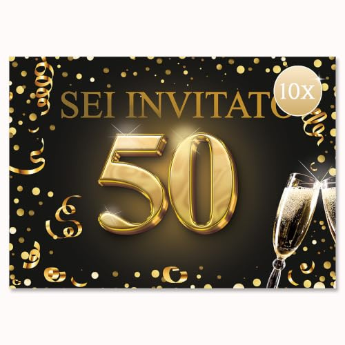 Edition Colibri Biglietti d'invito per il 50º compleanno, set da 10, formato A6, set di carte, da compilare, invito, giubileo, festa, nero, oro