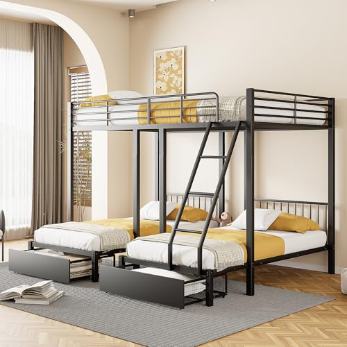 Litera Triple Convertible en Cama Doble de 140 x 200 y Dos Camas Individuales de 90 x 200 Cama Alta con Espacio de Almacenamiento con cajones Cama Juvenil Estructura metálica Cama de Invitados Negro