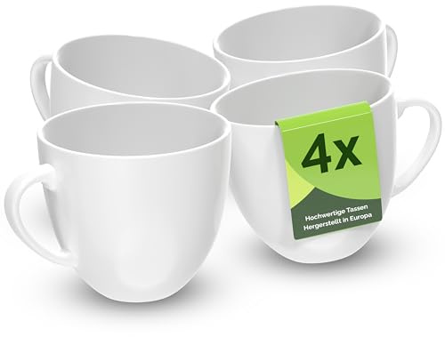 Keramiktassen Set – 400 ml Tassen in weiß für Tee, Kaffee, Kakao & Heißgetränke - Hochwertig, langlebig, zeitlos, spülmaschinenfest, Geschenk, Made in Europa (4er-Set)