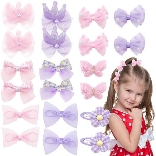 20PCS Children Hair Bow Flower Clips,Pink Purple Rops Barrettes,Elastic Ponytail Holders, for Girls