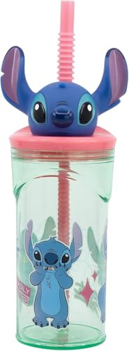 Disney Stitch Gobelet réutilisable avec paille en forme de figurine 3D sans BPA, 360 ml, motif personnage amusant pour enfants, idéal pour l'école, les pique-niques ou les voyages, design officiel