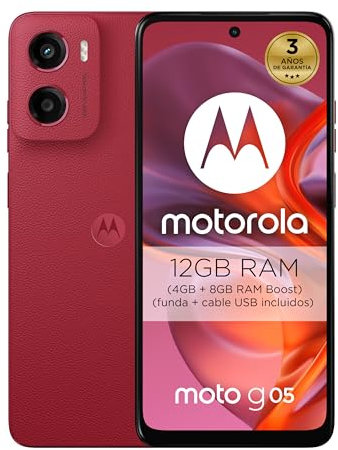 Moto g05 12GB (4G+8GB RAM Boost)/256GB Rojo, España, Pantalla superbrillante de 6.67, Sistema de cámaras de 50 MP, Modo Retrato con IA, Textura Soft Luxe, Corning Gorilla Glass 3, batería 5200 mAh,