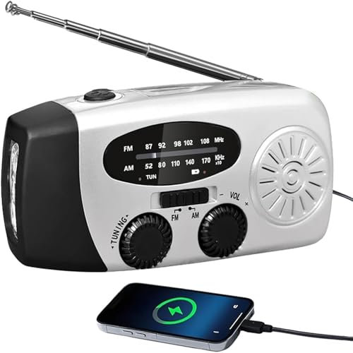 Vtizikl Solar Radio, Wind Up AM/FM/WB Radio, Portable Hand Crank Radio, Emergency Radio with Torch, 2000mah Rechargeable Power Bank for Phone Charging, Camping, Outdoor (Silver)