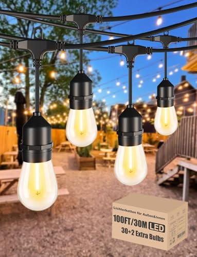 Achin Lichterkette Außen 30M, IP65 Wasserdicht ST45 LED Glühbirnen Lichterkette, 2200K/2700K Warmweiß, 30+2 E27 Glasbirnen 1W, Außenleuchte für Garten, Terrasse, Hochzeit, Party, Bistro
