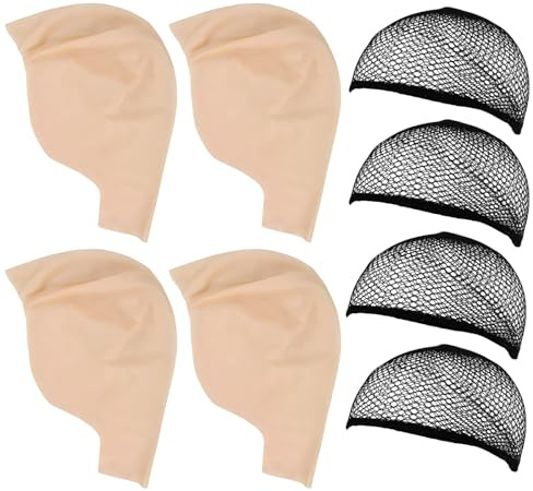 Wig Cap & Bald Cap Set with Haarnetz - 4 Black Mesh + 4 Neutral Nude Beige Nylon Hair Net for Cosplay, Make-Up Accessories