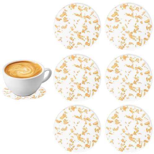 MENGYF 6Pcs Coasters Set for Drinks, 9.5cm Round Transparent Gold Foil Drink Pads, Non-Slip Washable for Coffee Mugs, Wine Glasses, Home & Bar, Birthday Gifts (Golden)