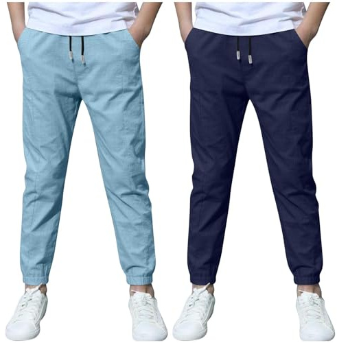 Slxbear Daily 2 Pack Boys Linen Trousers Summer Casual Cotton Linen Pants Drawstring Jogger Trousers Lightweight Athletic Pant School Uniform Pants Solid Color Running Slacks #01Blue 12-13 Years