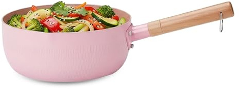 EAZHOP Pink Maifan Stone Stockpot Japanese Style Milk Pan Saucepan Marble Non-Stick Coating Induction Compatible Wood Handle Dual Spout for Milk Pasta Soup Cooking (22cm x9cmx19cm)