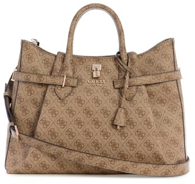 GUESS Handtasche Schultertasche Yesba Girlfriend Satchel Bag Latte Logo braun