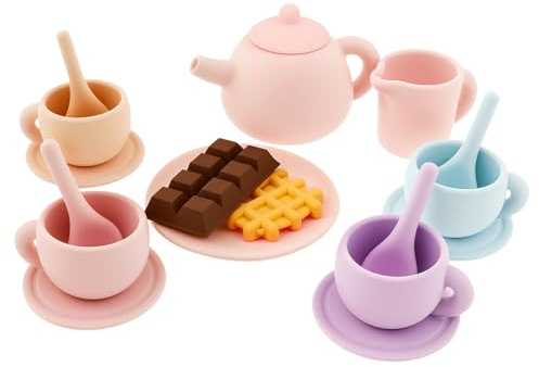 Kindergeschirr Teeservice Set,Silikon,17 Stück Kinderküche Zubehör mit Teekanne, Tassen, Teller, Teeparty Rollenspiele Küchenspiele, Geschenke für Mädchen Jungen 3 4 5 6 7+ Jahre