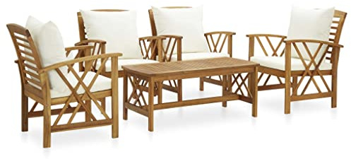Runheo 5-TLG. Garten-Lounge-Set, Massivholz Akazie geölt, Cremeweiße Kissen, Outdoor Möbel für Terrasse, Balkon, Garten, 102x50x43cm Tisch