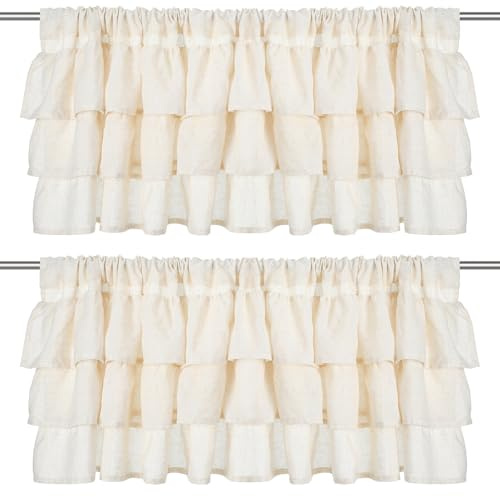 Batiyeer 2 Pcs Frilled Ruffled Curtain Valances Linen Window Kitchen Curtain Valance 50''W × 18''L Light Filtering Vintage Farmhouse Decor for Living Room Bedroom Bathroom Small Window Treatment