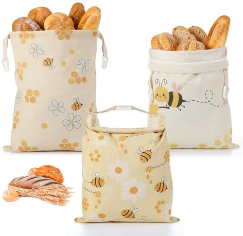 Reginary 3 Pack Beeswax Bread Bags for Sourdough & Homemade Bread 17 x 13'' XL Reusable Organic Linen Beeswax Wraps with Sealing Zip for Fresh Food Storage Loaf Freezer Baker Present(Bee Style)