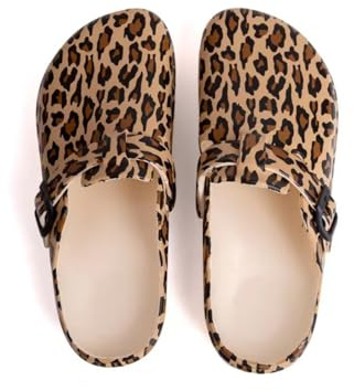 Trädgårdsklockor för kvinnor – lätta slip-on skor för sjuksköterska, kök, strand och hem, träskor för damer i tryck design promenadtofflor, leopardmönster, 40.5 EU