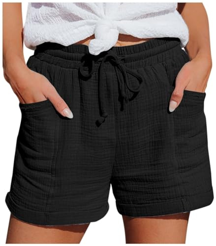 Bermuda Short Femme en Lin Et Coton Ete Shorts Et Bermudas Femme De Plage Taille Elastique Shorts Jogging avec Poches Large Pantalon Court Leger Chic avec Cordon De Serrage pour Vacances
