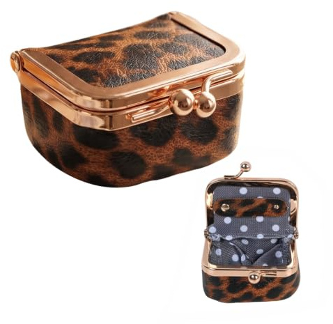 Godneei smyckeskrin liten läderresa med leopardmönster, brunt smyckesfodral med kysslås, smyckeslåda för ringar, halsband, brooches, armband och örhängen, 8 x 4 x 5,5 cm