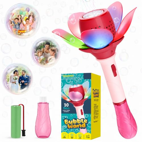 Seifenblasenmaschine Kinder, elektrische Bubble Maschine mit LED Licht, rosa Blumen Bubble Maker für Mädchen ab 3 Jahren, Seifenblasen Spielzeug für Garten Geburtstag & Sommerparty