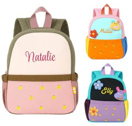 Lam Hub Fong Sacs à Dos Enfant Personnalisés avec Prénom pour Garçons et Filles, Sac à dos Scolaire Décoré de Fleurs pour Maternelle, l’école et Sorties Extérieures，Rose