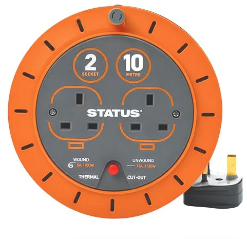 STATUS 10m Cassette Cable Reel with Double Socket, 10A Extension Lead with Thermal Cut-Out for Home and DIY Use, Orange (S10A10MCR6)