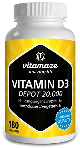 Vitamin D3 hochdosiert 20000 IE pro Tablette (20-Tage Dosis), 180 vegetarische Tabletten (teilbar), Natürliche Nahrungsergänzung ohne Zusatzstoffe, Made in Germany