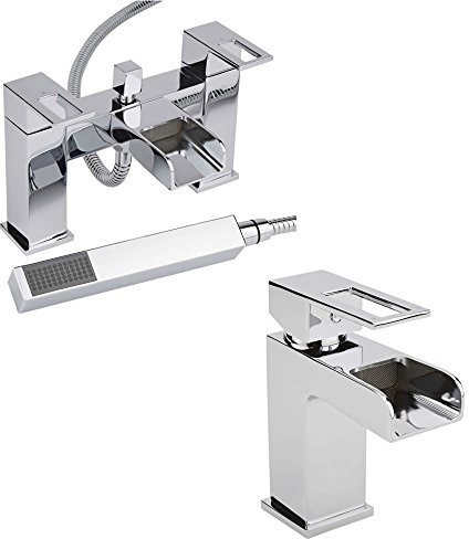 Milano Parade Waterfall Mono Bathroom Basin Mixer Tap and Bath Tap with Hand Shower Kit - Chrome